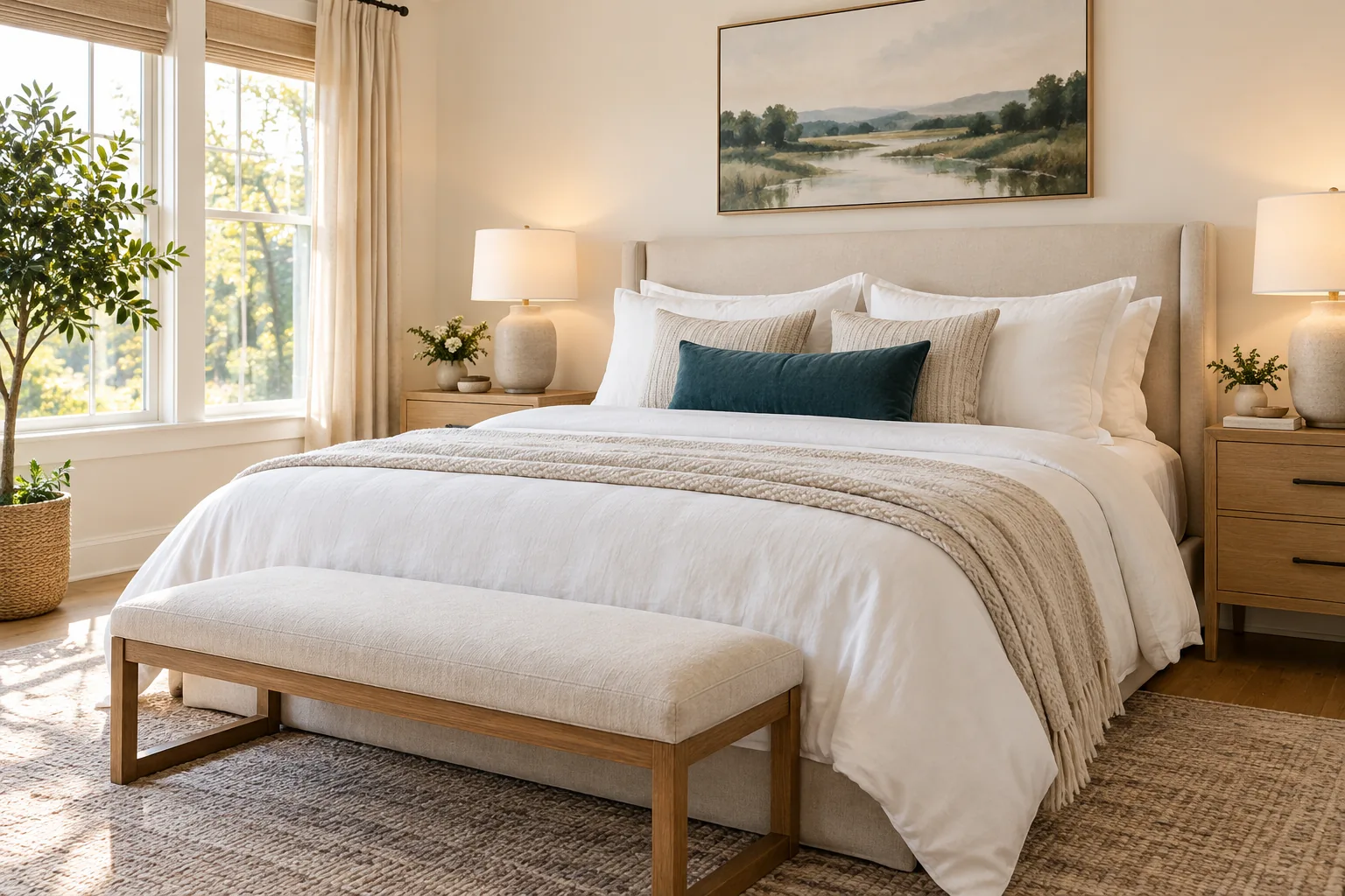 A bright, freshly arranged bedroom with clean linens and natural finishes