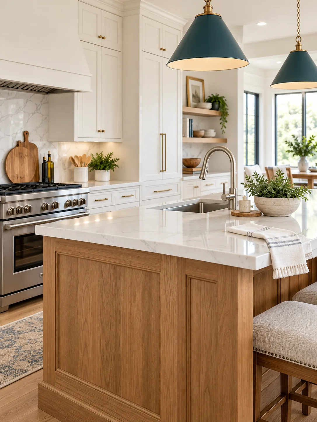 An immaculate kitchen with clean counters, a stainless sink and warm oak finishes