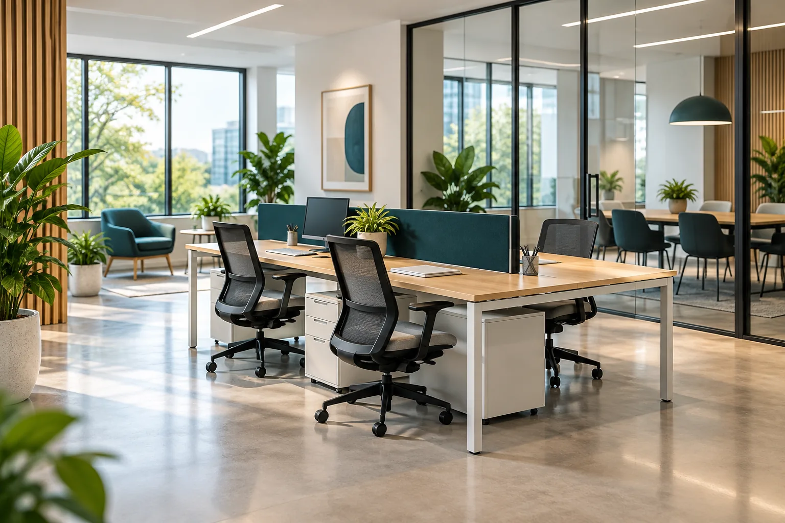 A clean, orderly office with glass partitions and shared workspaces