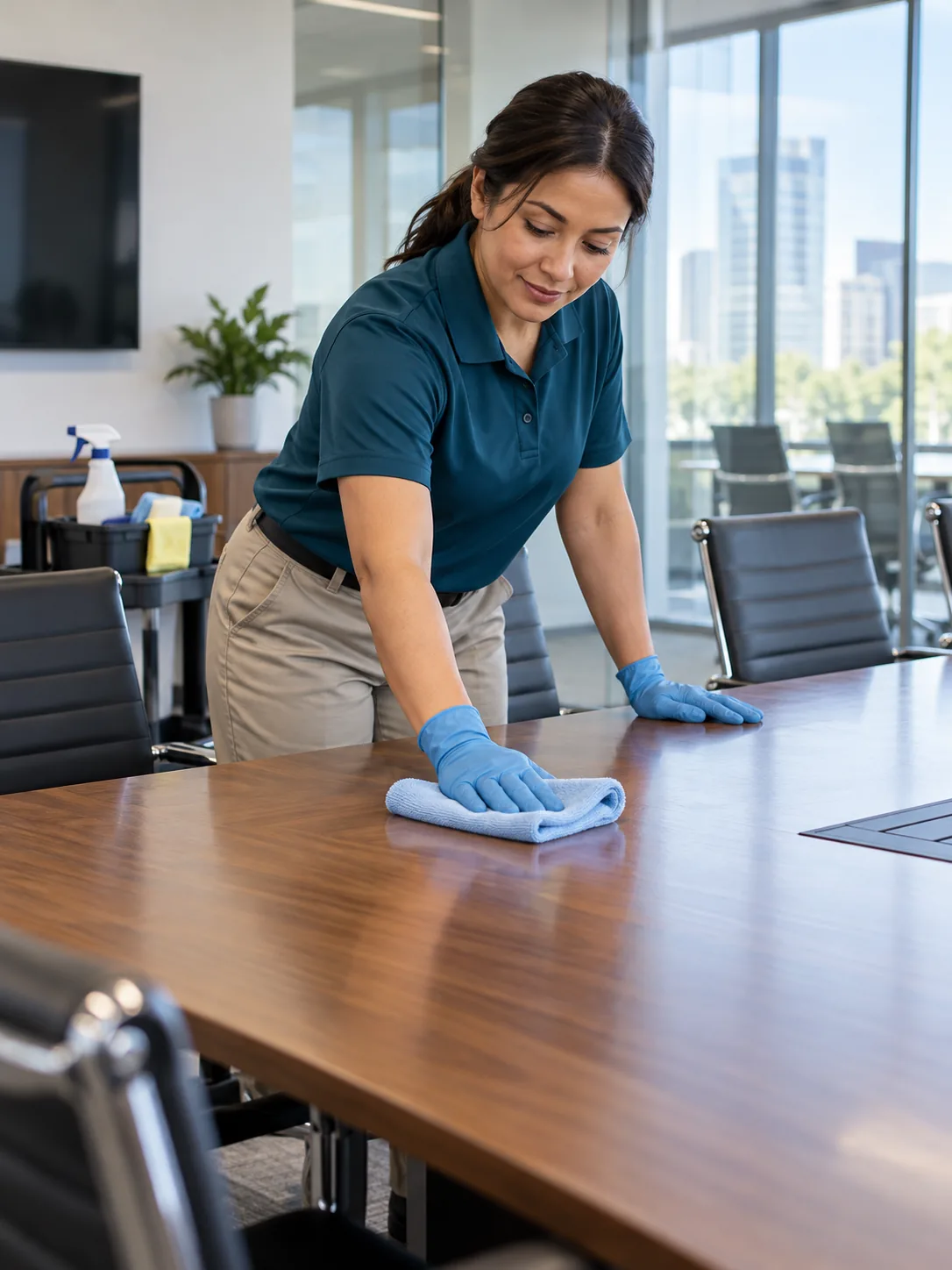 A cleaning professional carefully wiping a conference table with a microfiber cloth
